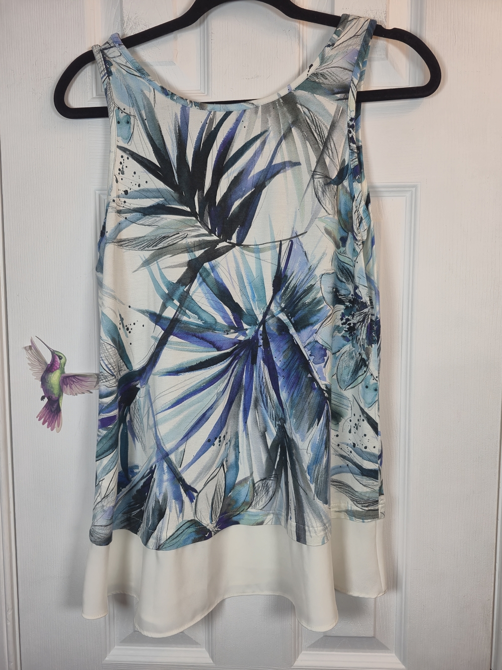 Karen Kane Blue Abstract Botanical Layered Hem Tank Top Size Small - Picture 2 of 5